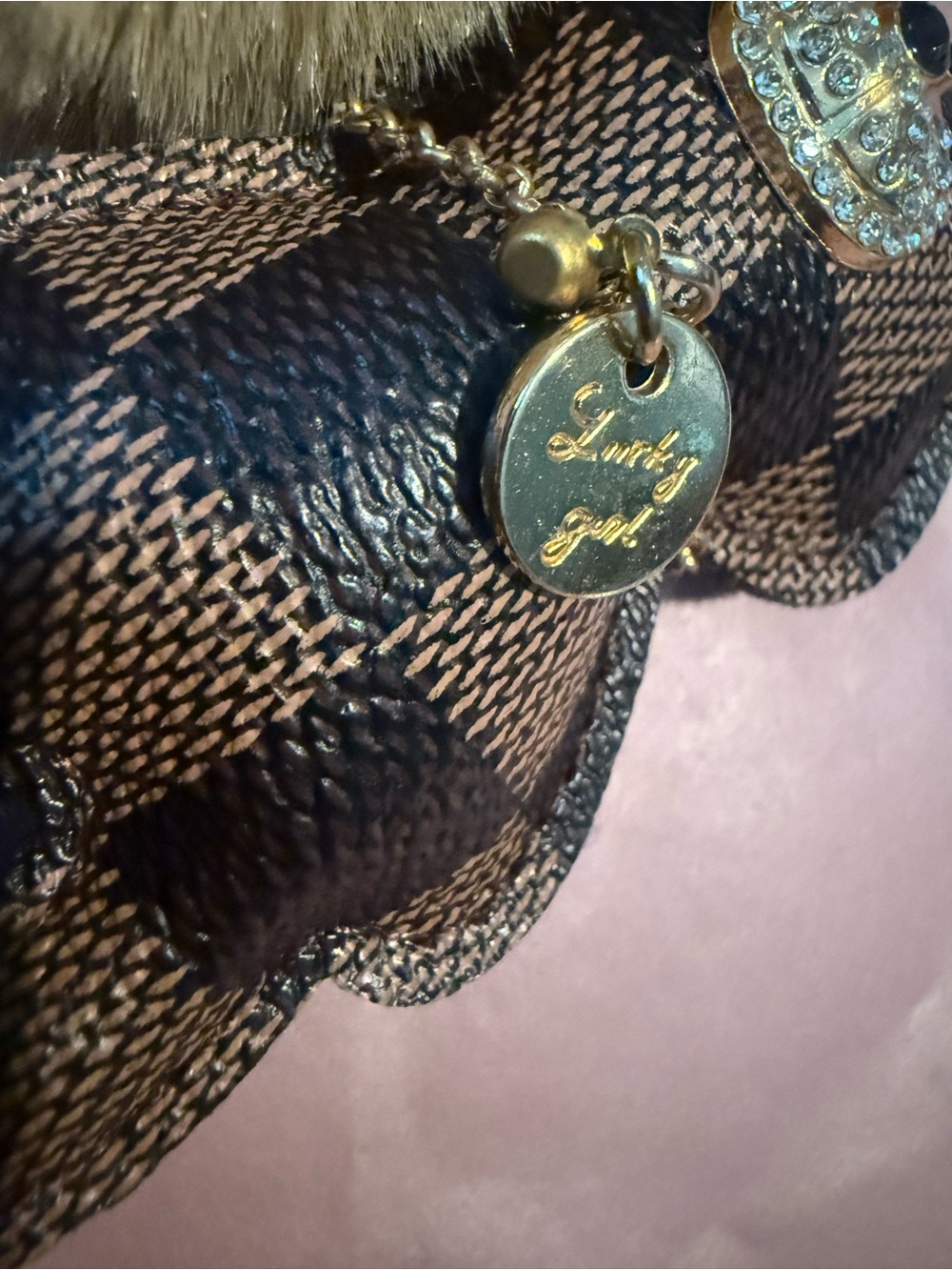 Faux Leather Checkered Bear Pom-Pom Keychain - Picture 3 of 4
